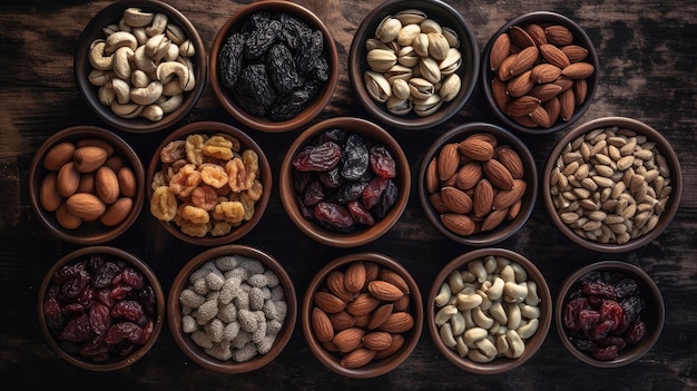 A variety of nuts are displayed on a table.