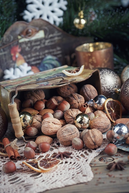 Variety of nuts in Christmas and New Year decoration