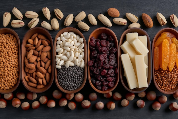 A variety of nuts and dried fruit are displayed in wooden bowls on a wooden table