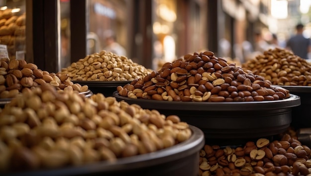 Variety of nuts at Mahane Yehuda market in Jerusalem Food concept background