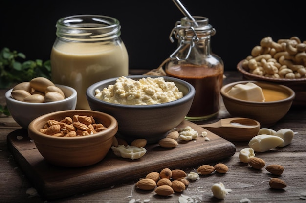 A variety of nuts and milk are on a table.