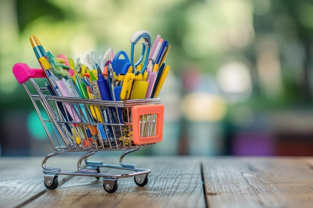 Variety office supplies in little shopping cart on wooden table with green chalk board on background