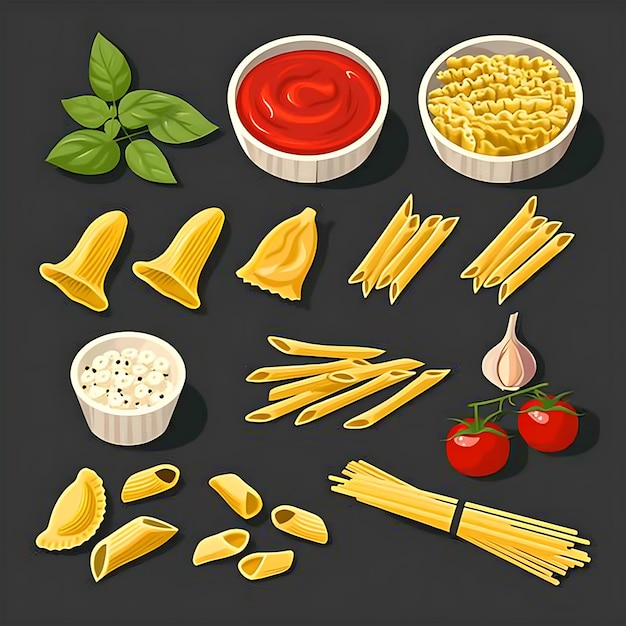 Photo a variety of pasta shapes including penne spaghetti and tortellini with ingredients for a delicious pasta dish