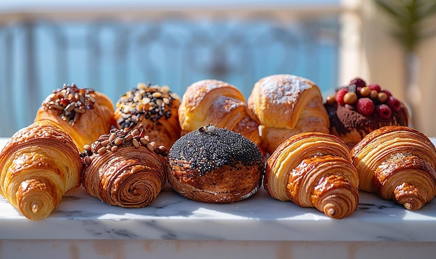 a variety of pastries are on a table with a white tablecloth