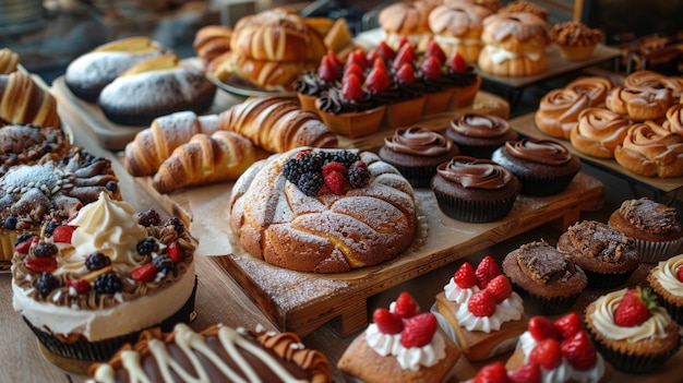 A variety of pastries and desserts including cakes tarts and bread beautifully arranged on a table