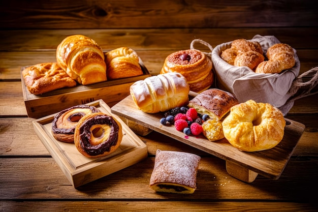 Variety of pastries displayed on wooden trays on wooden table Generative AI