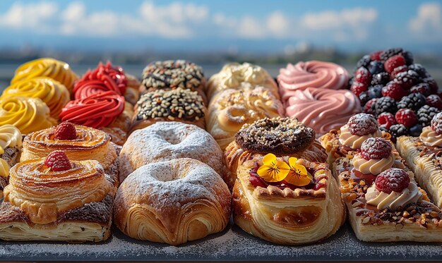 Photo a variety of pastries including one that has a yellow flower on it