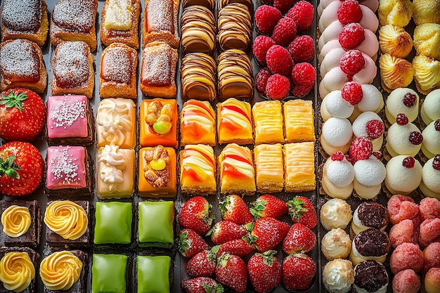 a variety of pastries including strawberries kiwi and kiwi