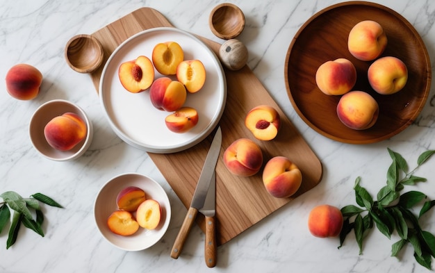 A variety of peaches are on a marble countertop with bowls of peaches and a cutting board