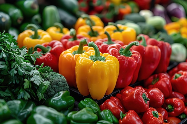 Photo a variety of peppers and vegetables are displayed in a market