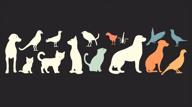 Photo a variety of pets including cats dogs birds and a spider are shown in silhouette against a black background