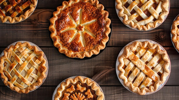 a variety of pies are on a wooden table including one that has a star shaped top