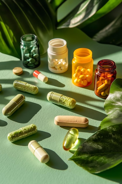 Photo a variety of pills and capsules on a green surface