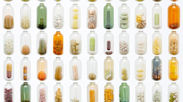 A variety of pills neatly arranged