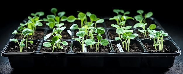 Photo variety of plants in black seed tray on dark background