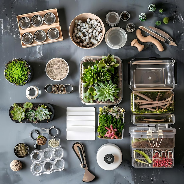 A variety of potted plants and gardening tools are displayed on a grey surface