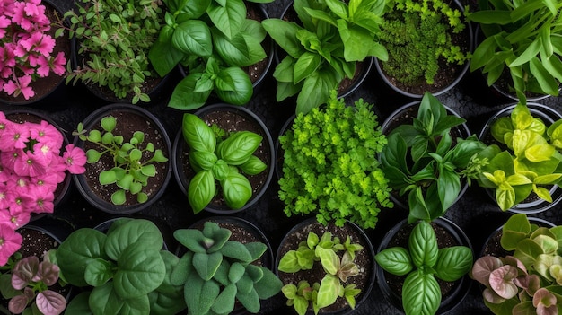 Photo variety of potted plants with different types of foliage and flowers arranged closely together creating a lush display of greenery and color