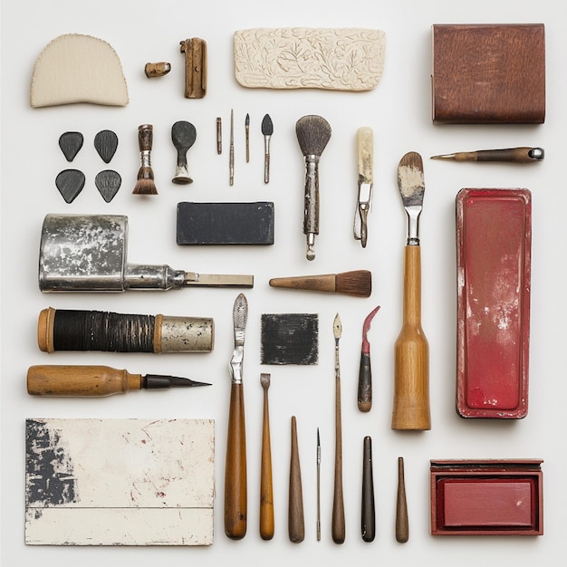 Photo a variety of printmaking tools including brayers carving tools and inking plates