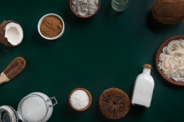 Variety of products made from coconut with copy space