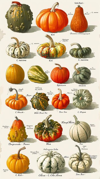 Photo variety of pumpkins illustrated in detail