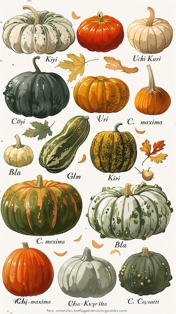 Photo variety of pumpkins illustrated in detail