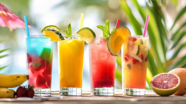 A variety of refreshing mocktails displayed on a beachthemed bar including fruity blends and