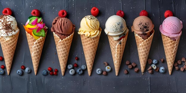 A variety of rolled ice cream cones on a dark background Concept Rolling Ice Cream Variety of Flavors Dark Background Sweet Treats Food Photography