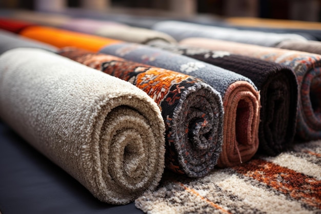 Variety of rolled up rugs at a carpet store