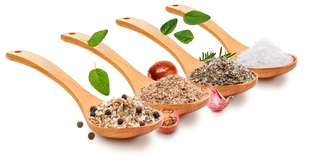 Variety of salt (salts) with various spices (tomato, garlic, oregano, rosemary, black pepper) in wooden spoon (variety of salt collection)