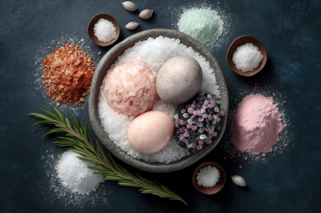 A variety of salts on a background of grey concrete rosemary powdered black and pink Himalayan salt