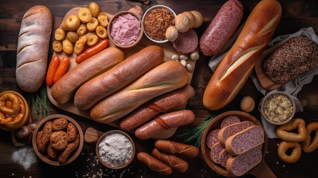 Variety of sausage products Top down view