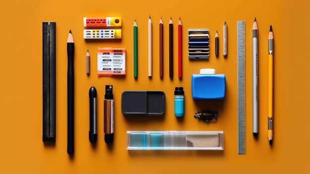 A variety of school supplies including a ruler, pencils, and erasers.