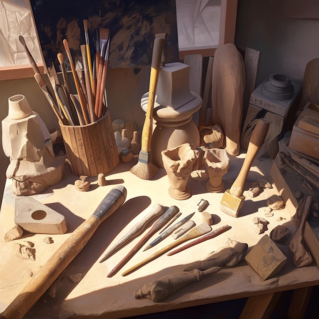 Photo a variety of sculpting tools arranged neatly beside a halffinished clay model in a studio niji 6 job