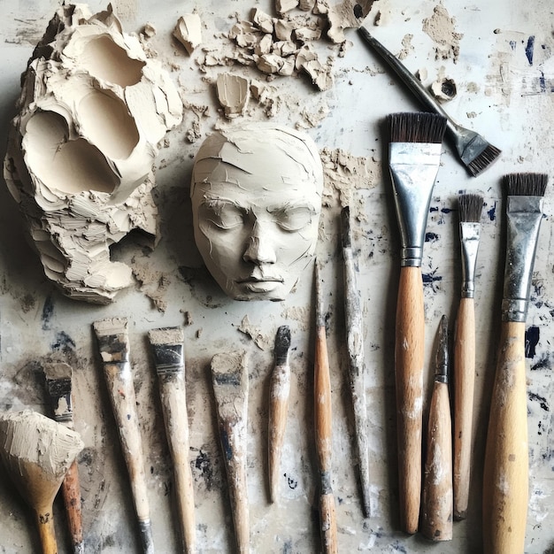 A variety of sculpting tools laid out next to a partially finished clay sculpture with clay fragment