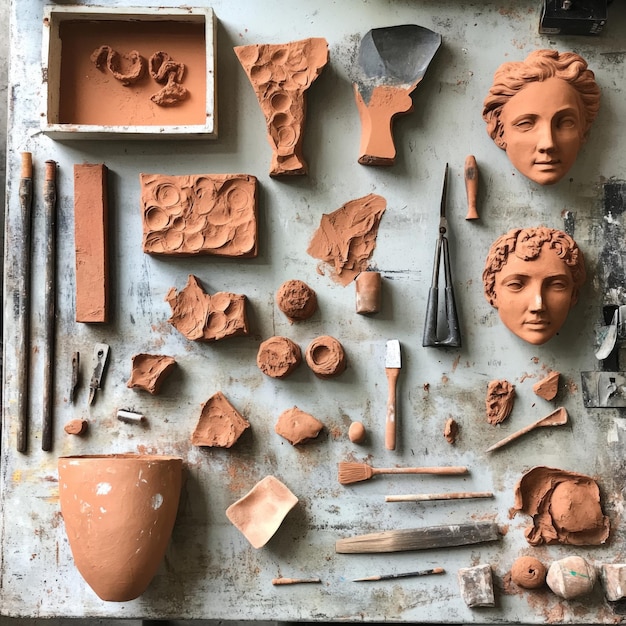 A variety of sculpting tools laid out on a workbench with clay pieces and remnants scattered around