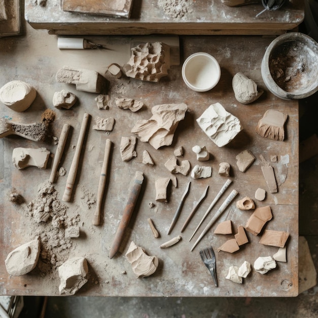 A variety of sculpting tools laid out on a workbench with clay pieces and remnants scattered around