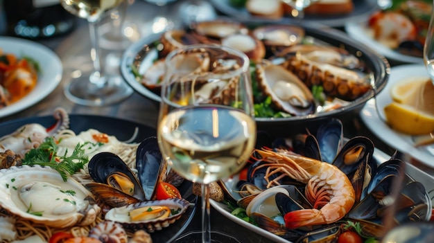 Variety of seafood dishes with white wine on elegant table setting for exquisite dining