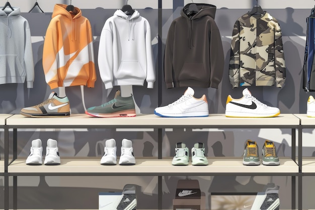 Photo a variety of shoes and athletic wear showcased in a store setting a section featuring athletic wear and sneakers