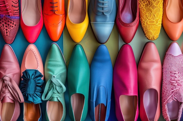 Photo variety of shoes in different colors and styles showcasing fashion diversity high resolution and bright