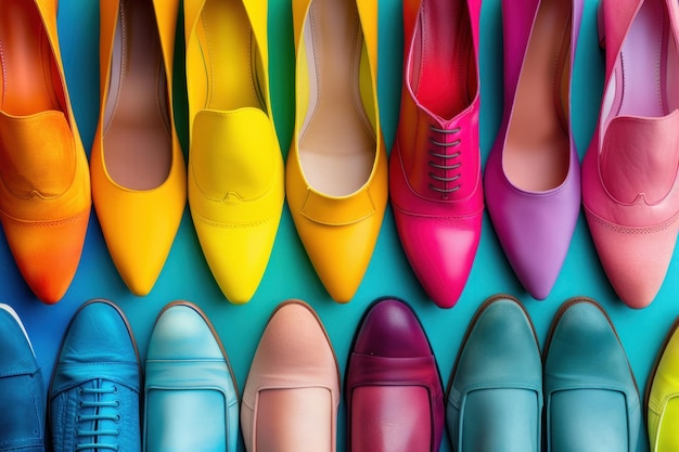 Photo variety of shoes in different colors and styles showcasing fashion diversity high resolution and bright