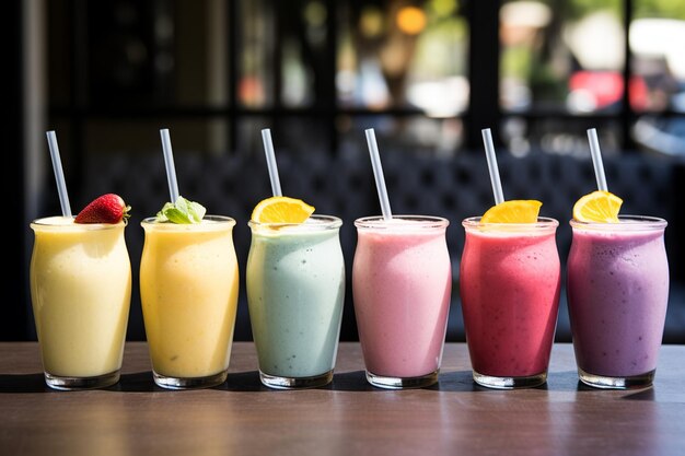 A variety of smoothies are on display in a row