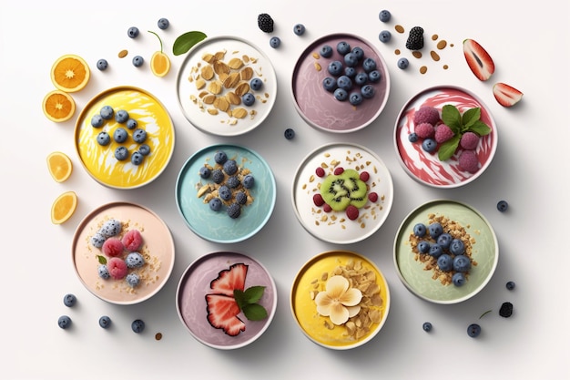 A variety of smoothies are displayed on a table.