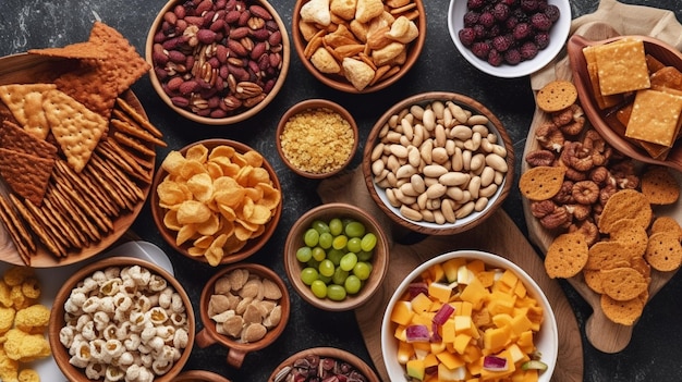 variety of snacks Top down view