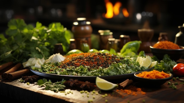 A variety of spices are on a cutting board with a green vegetable in the background