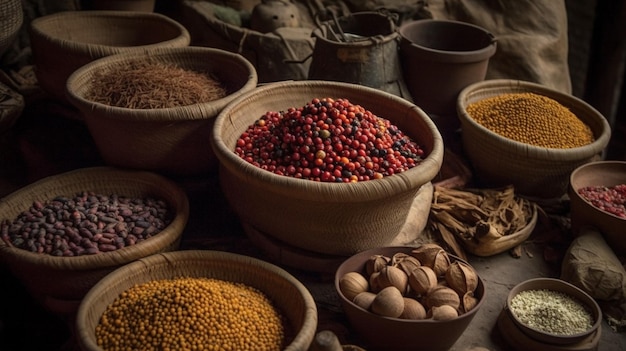 A variety of spices are displayed in bowls, including one that says'the word ".