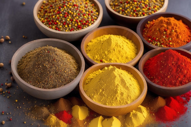 A variety of spices are displayed in bowls and one of them is yellow and red.