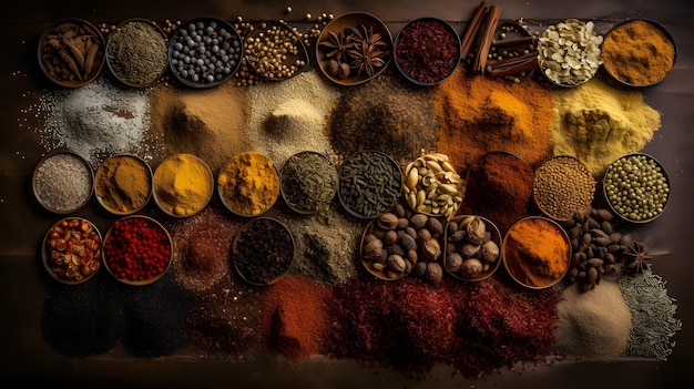 A variety of spices are displayed on a table.