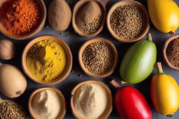 A variety of spices are displayed on a table.