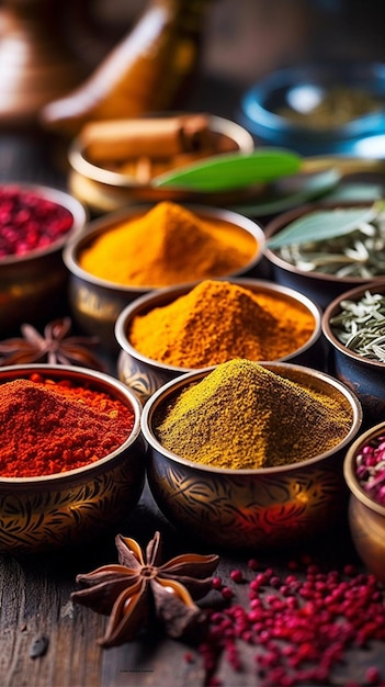 a variety of spices are displayed on a table.