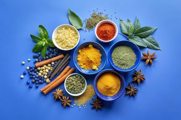 A variety of spices are displayed in wooden bowls on a table